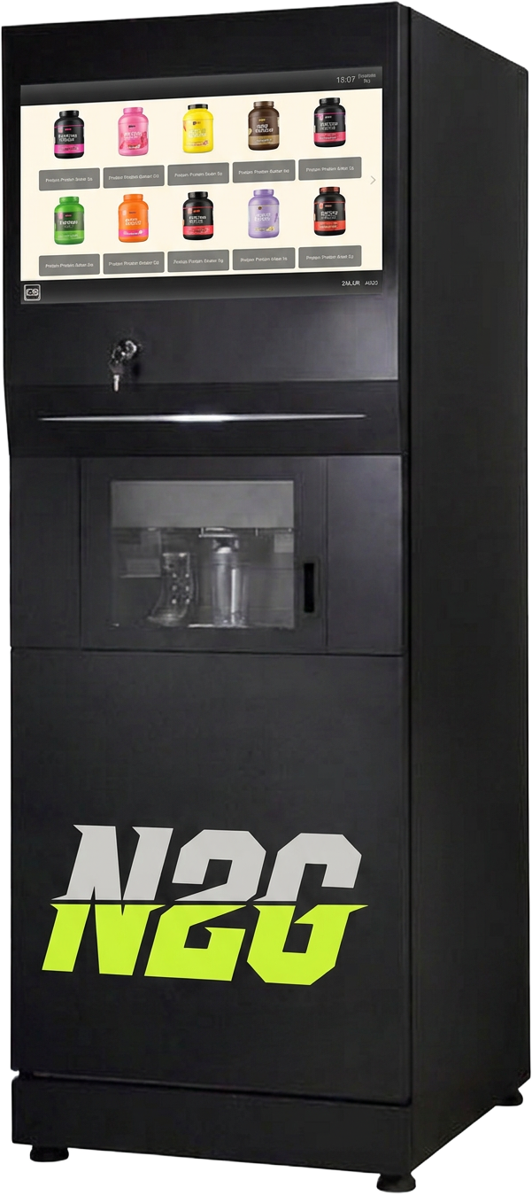 N2G-automaat die een vers gemixte proteïneshake uitgeeft in een sportschool